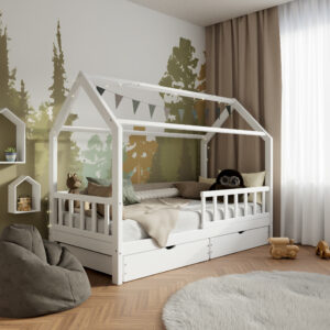 Кровать домик из массива дерева Housebed Deluxe 90×200, с ящиками — Белый лак