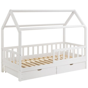 Кровать домик из массива дерева Housebed Deluxe 90×200, с ящиками — Белый лак
