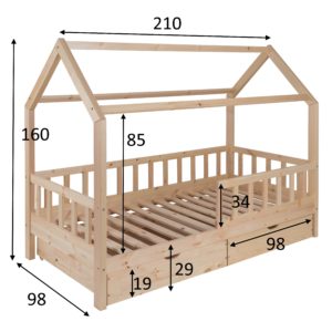 Solid wooden Housebed Deluxe 90×200, with drawers