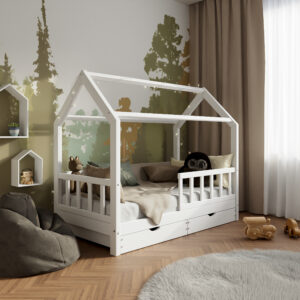 Кровать домик из массива дерева Housebed Deluxe 80×160, с ящиками — Белый лак