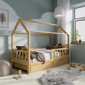 Кровать домик из массива дерева Housebed Deluxe 90×200, с ящиками — Натуральное лакированное