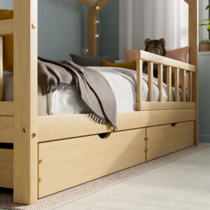 Solid wooden Housebed Deluxe 90×200, with drawers – Natural lacquered