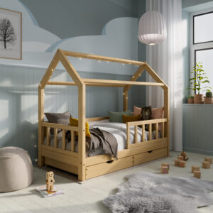 Solid wooden Housebed Deluxe 80×160, with drawers – Natural lacquered