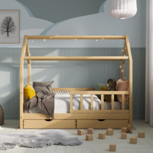 Кровать домик из массива дерева Housebed Deluxe 80×160, с ящиками — Натуральное лакированное