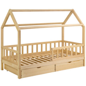 Solid wooden Housebed Deluxe 90×200, with drawers – Natural lacquered