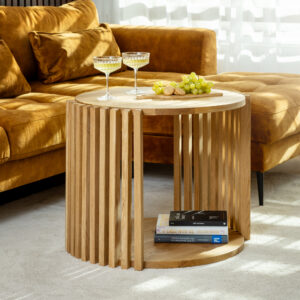 Solid oak coffee table in a natural Japandi style. Two-tier living room table with slatted details for a modern interior.