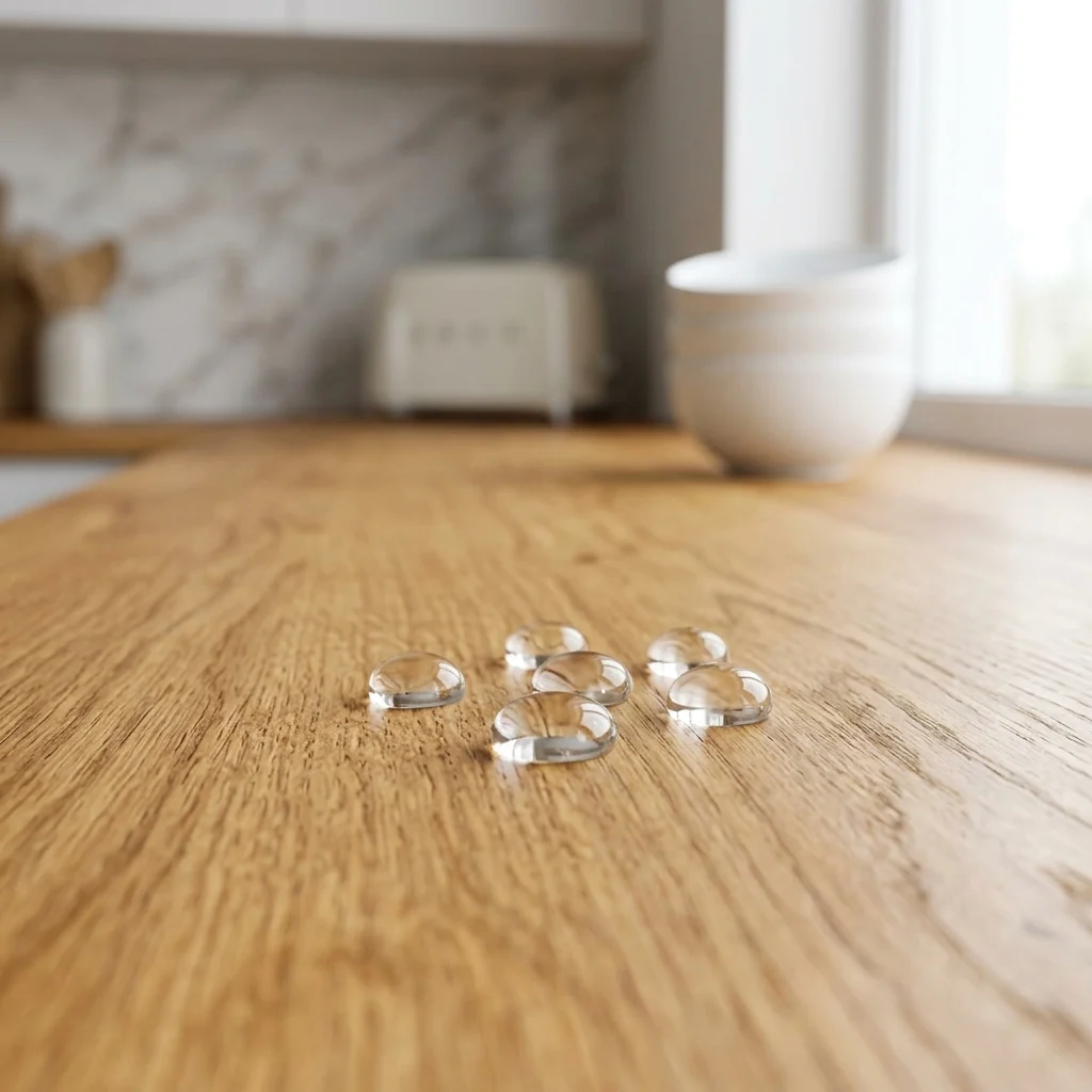 Water droplets on an oiled oak surface